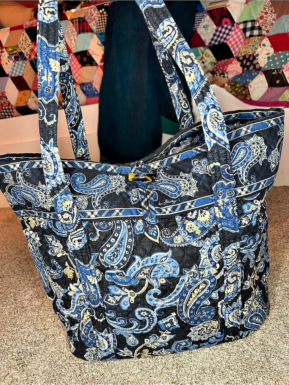 Vera Bradley Windsor Navy Paisley Quilted Toggle Tote Bag